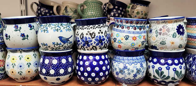 Blue and white Polish pottery. various products