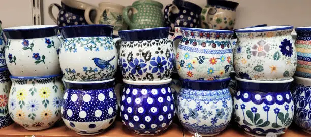 Photo of Blue and white Polish pottery. various products