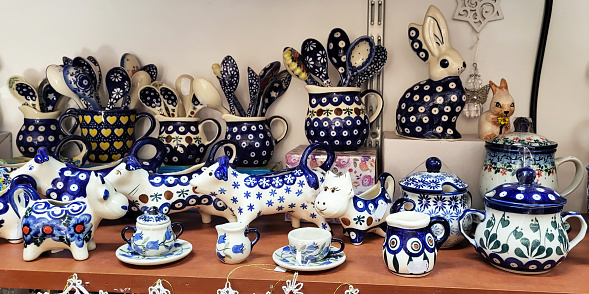 Blue and white Polish pottery. various products