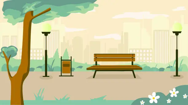 Vector illustration of Behind the park there is a view of the city.  At the background there is a bank, bin and a lightning pole. At the right bottom of picture there are white leaves flowers. The weather is sunny and warm.