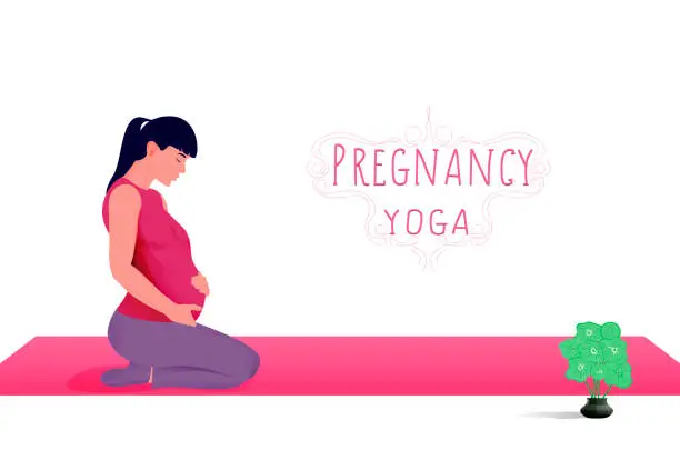 Vector illustration of Closeup of pregnant woman practicing yoga at home.