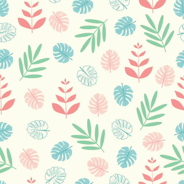 ilustrações de stock, clip art, desenhos animados e ícones de dainty floral seamless surface pattern of tropical monstera leaves and branches. allover foliage repeating textured background - rainforest cheese plant philodendron leaf vein