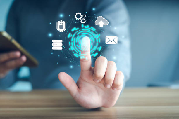 istock Concept of cybersecurity technology. Biometric authencication using virtual finger print scanner . 1468875479