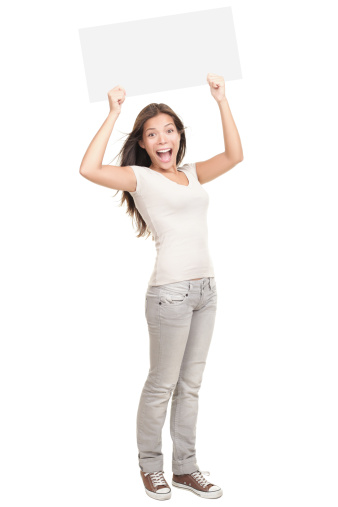 Blank sign. Woman holding empty blank white sign above her head. Excited and screaming beautiful young woman isolated on white background standing in full length. Click for more: