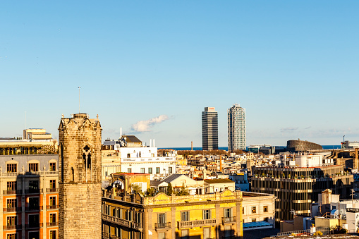 View at Port Olympic in Barcelona from the roof of the gothic cathedral in Barcelona,  Catalonbia, Spain, Europe