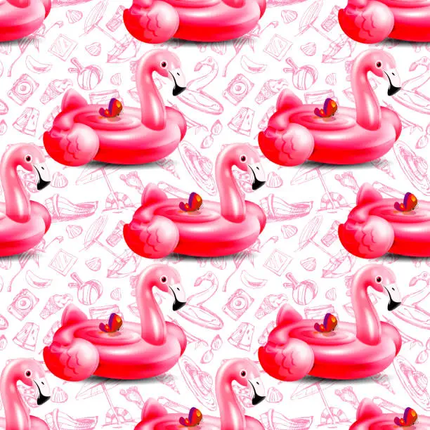 Vector illustration of Beach holiday concept in cartoon style. Inflatable pink flamingo for swimming with freehand drawings on a white background. Creative seamless background.