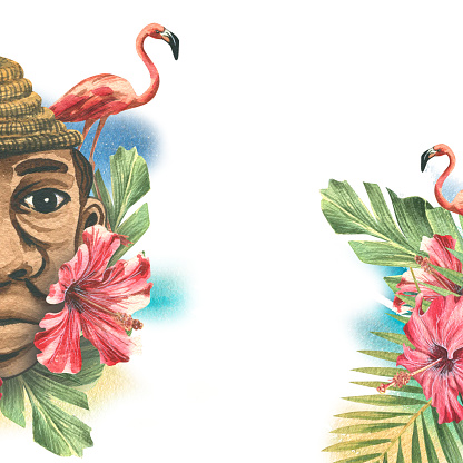 Clay mask in the form of a black man in palm leaves and hibiscus flowers, pink flamingos. Watercolor illustration. Composition of a large set of CUBA. For the decoration and design of tourism, beach.