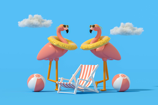 3d rendering of inflatable flamingo with sunglasses and swim ring on blue background minimal summer travel holiday background.