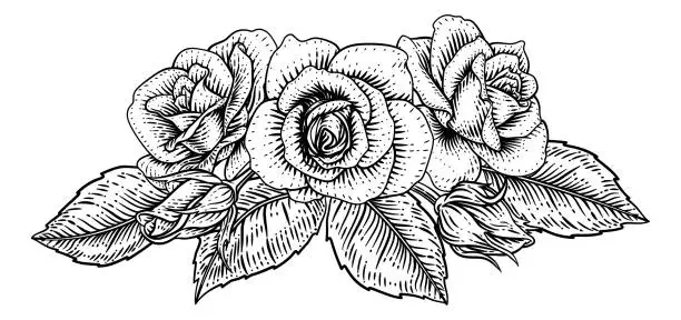 Vector illustration of Rose Flower Design Woodcut Vintage Retro Style