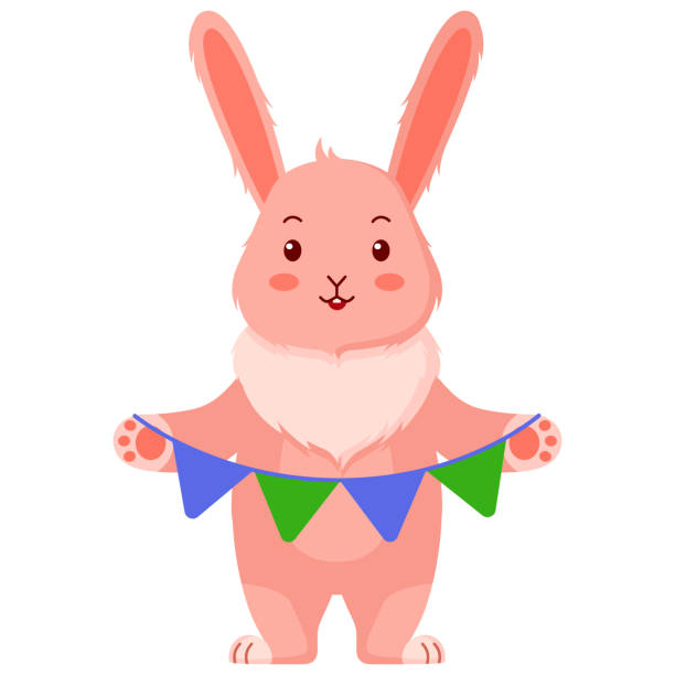 ilustraciones, imágenes clip art, dibujos animados e iconos de stock de conejo con guirnalda sobre fondo blanco. - rabbit baby rabbit hare standing