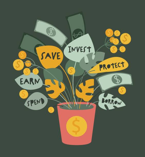 Financial tree in flowerpot. Editable vector illustration Financial plant. Green tree in flowerpot with leaves, golden coins,dollar cash. Business investment profit, saving and growing money. Wealth, success symbol. Editable vector illustration in flat style financial literacy stock illustrations