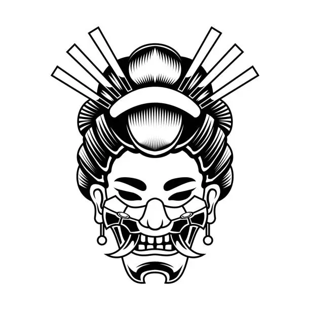 Vector illustration of Geisha With Hanya Mask Black And White Samurai Warrior Logo vintage vector illustration