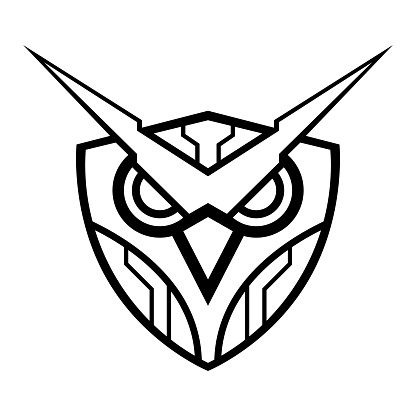 Techno Owl Vector Black And White Shield Logo Design Illustration