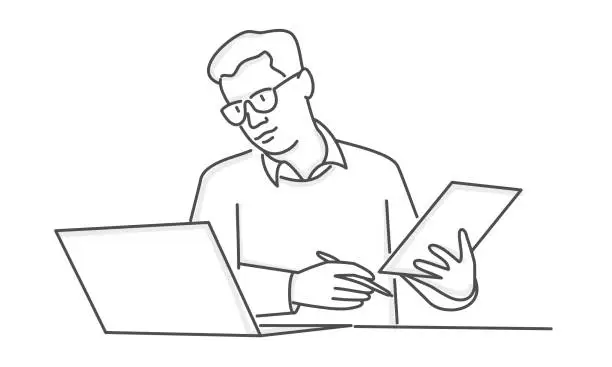 Vector illustration of Young businessman using laptop working at his desk at home office.