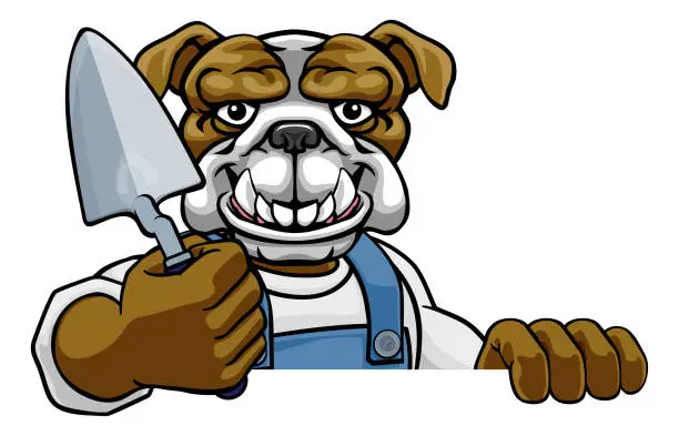Vector illustration of Bulldog Bricklayer Builder Holding Trowel Tool