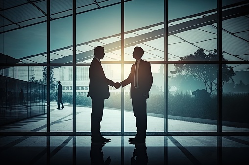 Two businessmen shaking hands in the office