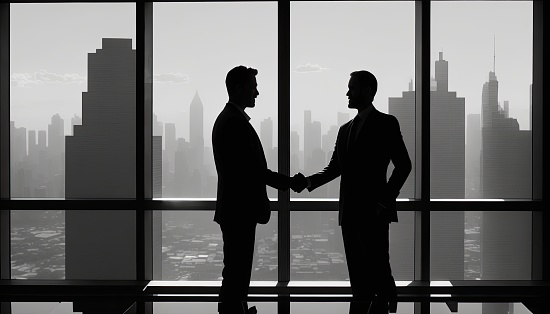 illustration, Business Shake Hands, Two Men Agreeing on a Deal Two men stand across from each other