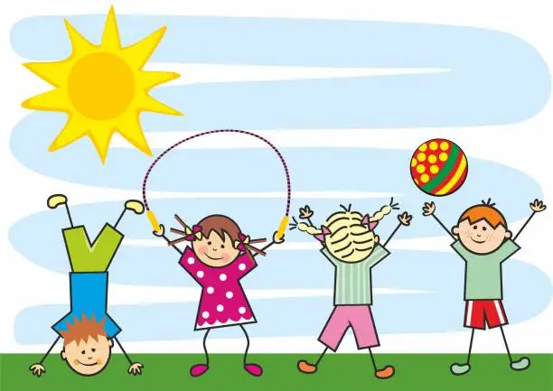 Vector illustration of Group of children on playground, sports activity, sky and sun, design,eps.