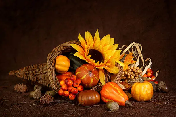 Cornucopia with pumpkins on brown background