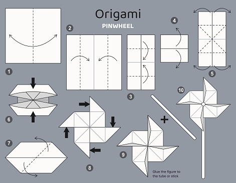 Tutorial origami scheme with pinwheel. isolated origami elements on grey backdrop. Origami for kids. Step by step how to make origami pinwheel. Vector illustration.