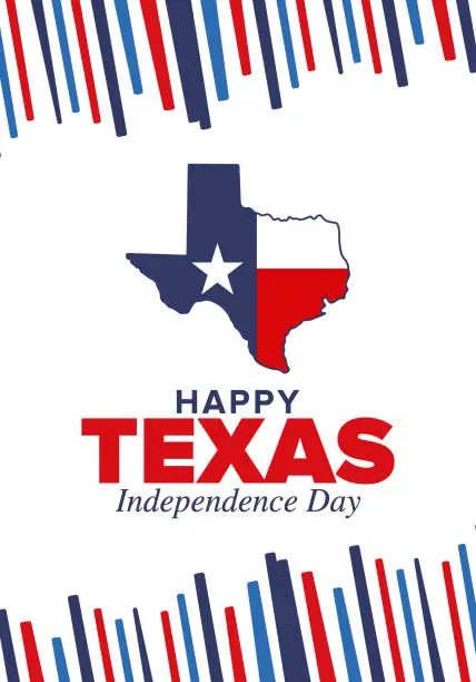 Vector illustration of Texas Independence Day. Freedom holiday in Unites States, celebrated annual in March. Lone star flag. Texas flag. Patriotic sign and elements. Poster, card, banner and background. Vector illustration