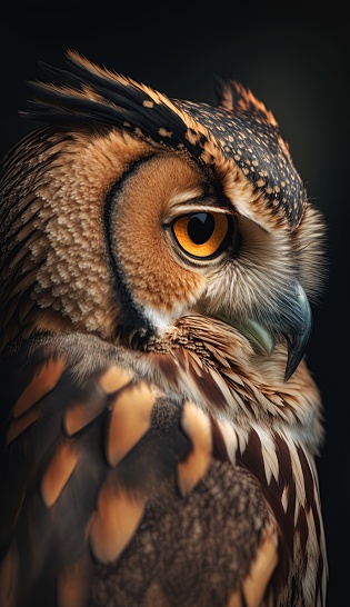 side view of an owl during golden hour at dusk, surrounded by trees. black background