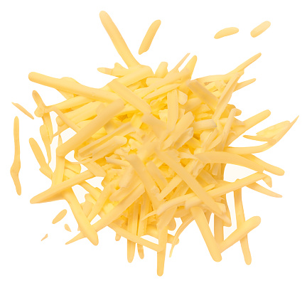 Grated cheese isolated on white background. Gouda cheese Top view. Flat lay