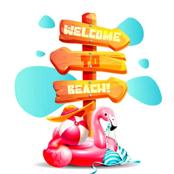 Vector illustration of Beach holiday concept in cartoon style. Old wooden board with Inflatable pink flamingo with ball, bikini and hat on isolated white background.