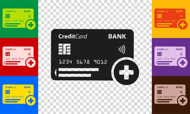 Vector illustration of Bank card icon with plus sign, add.