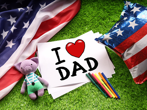 I love Dad. Children's drawing. Fathers day concept. USA flag