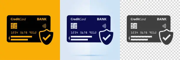 Vector illustration of Bank card icon with security shield.