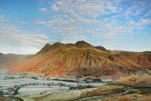 View over a frosty Langdale Valley towards the Langdale Pikes in winter, English Lake District