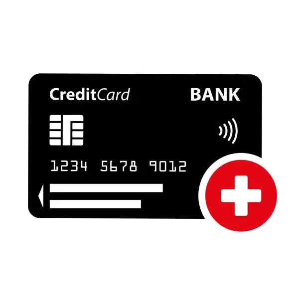 Vector illustration of Bank card icon with plus sign, add.