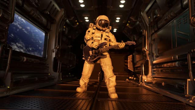 Space concept. An astronaut on a spaceship plays the guitar against the backdrop of the Earth. Space suit. Open space.