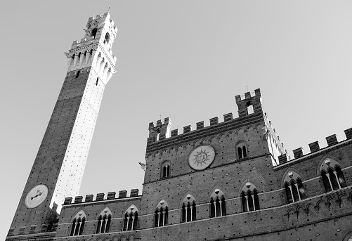 Town Hall called PALAZZO PUBBLICO and highTower in Siena In itay