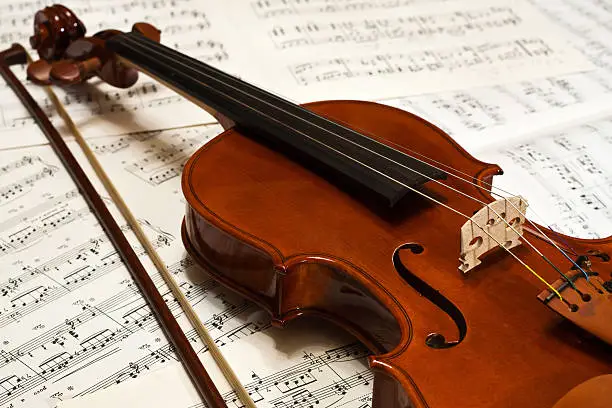 Detail of a beautiful violin with the old score