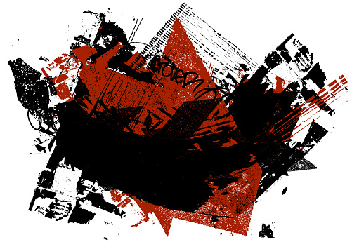 Red and black grunge paint marks and textured street art patterns illustration on black background