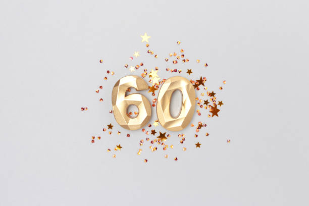 istock Gold colored number 60 and stars confetti on a blue background. 1468909440
