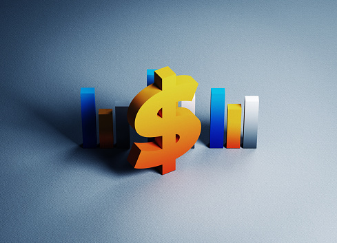 Finance concept orange color dollar sign and finance graph on grayish blue background