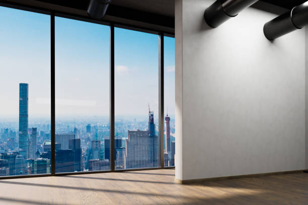 istock large urban skyline loft office with white wall and canvas mock up; copy spacepanoramic window skyline view, 3D Illustration 1468918189