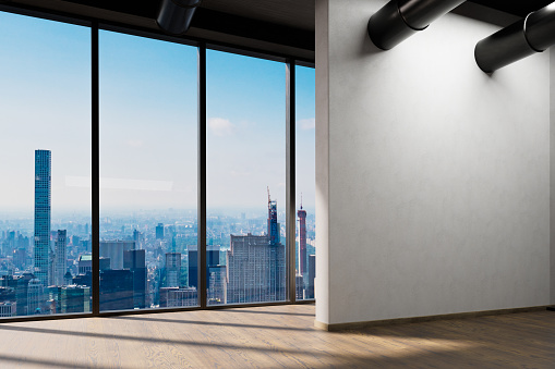 large urban skyline loft office white wall and canvas mock up; copy spacepanoramic window skyline view, 3D Illustration