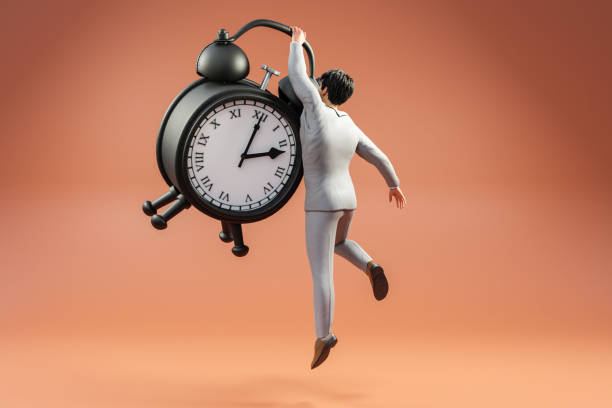 istock businessman hanging on floating huge retro alarm clock; punctuality and reliability concept; infinite orange background; 3D Illustration; 1468918261