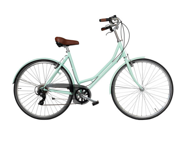 istock Green retro bicycle with brown saddle and handles, generic bike side view 1468918311