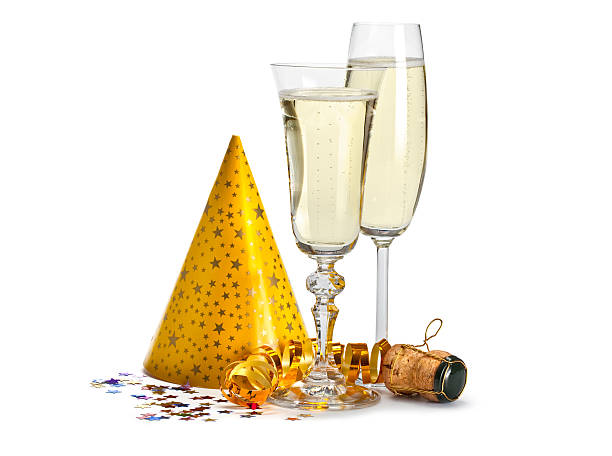 Happy new year - champagne and serpentine stock photo