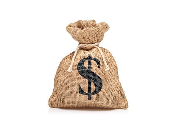 View of a money bag with US dollar sign A view of a money bag with US dollar  sign against white background money bag stock pictures, royalty-free photos & images
