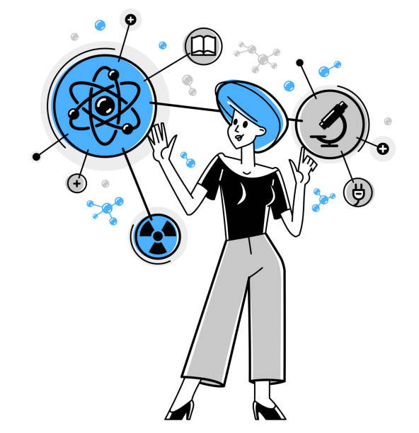 Scientist discovering science theory and making experiments vector outline illustration, science research or invention, physics and chemistry. Scientist discovering science theory and making experiments vector outline illustration, science research or invention, physics and chemistry. atom nuclear energy physics science stock illustrations