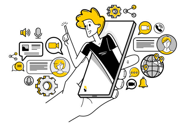 istock Video chat, young people are speaking remote about business and work, vector outline conference, online chatting team of workers, online conference webinar. 1468920277