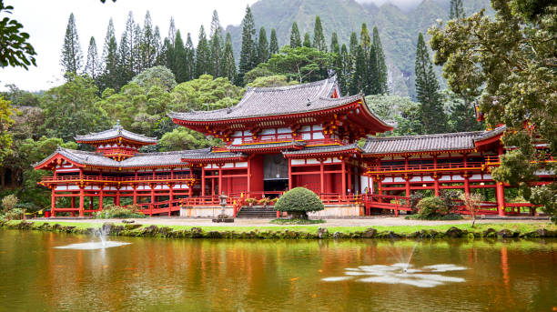 Kahaluu, Oahu, Hawaii, USA - February 7, 2023: Byodo-In Temple, a non-denominational Buddhist temple on Oahu is a replica of an ancient Japanese Temple.