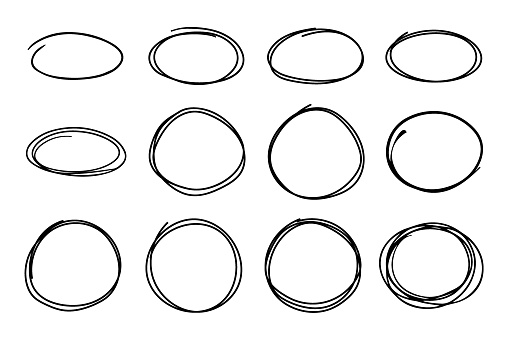 Hand drawn circles frame set on background. Black scribble outline vector illustration