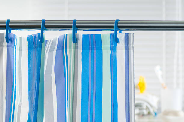 Close-up of a striped shower curtain stock photo